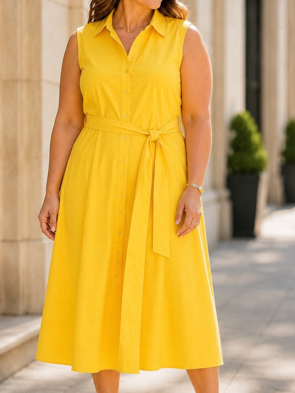 Calvin Klein Yellow Cotton Belted Midi Shirt Dress Size 12